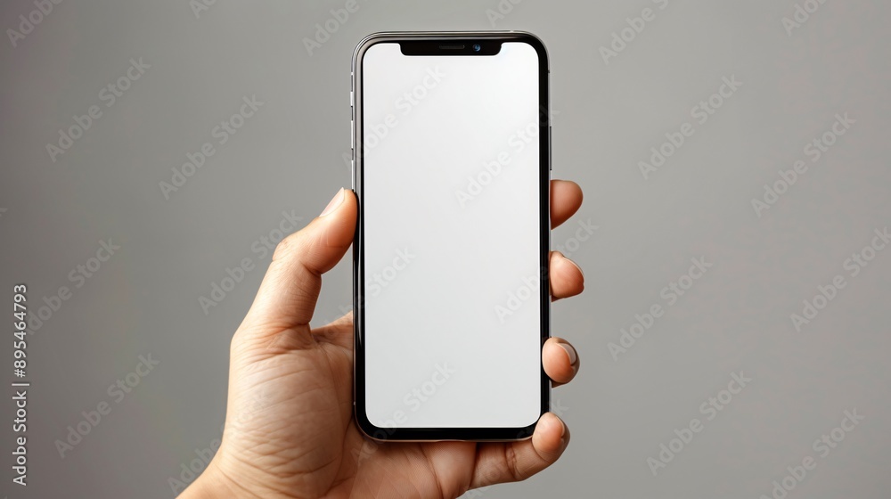 Aufkleber POV image of a hand holding a mobile phone with a blank white screen open to a messaging app interface Stock Photo with copy space
