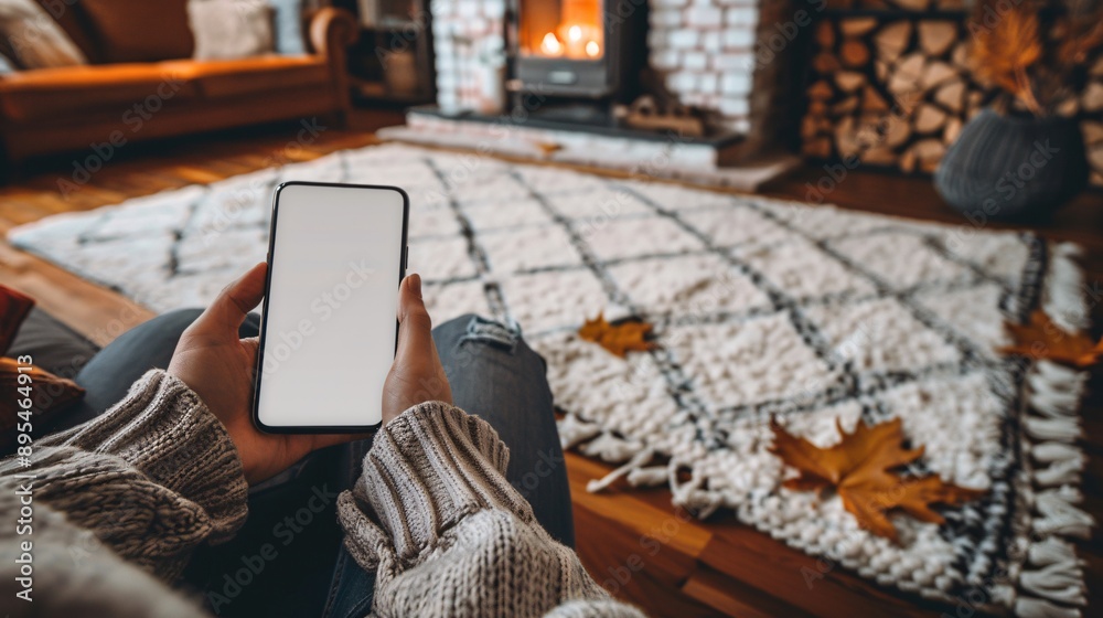 Poster realistic pov shot of a hand holding a mobile phone with a blank white screen open to a social media