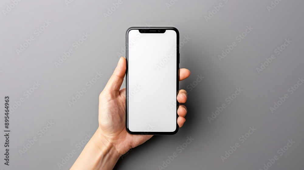 Poster Realistic POV shot of a hand holding a mobile phone with a blank white screen displaying a health and fitness app interface Stock Photo with copy space