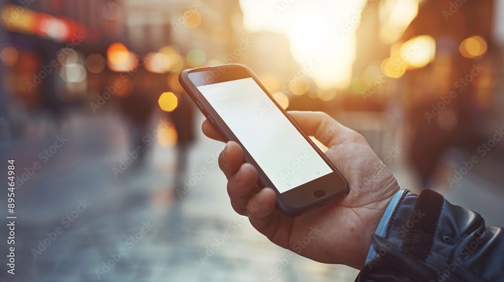 Poster Detailed POV capture showing a hand holding a mobile phone with a blank white screen open to a mobile banking app interface Stock Photo with copy space