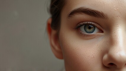 close up of appealing woman looking at camera with contact lense on her eyes. Very perfect eye brow. Natural skin care concept.