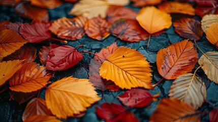 Fototapeta premium Close-up of colorful autumn leaves on the ground