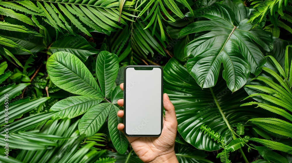 Fototapete detailed pov capture showing a hand holding a mobile phone with a blank white screen displaying a st