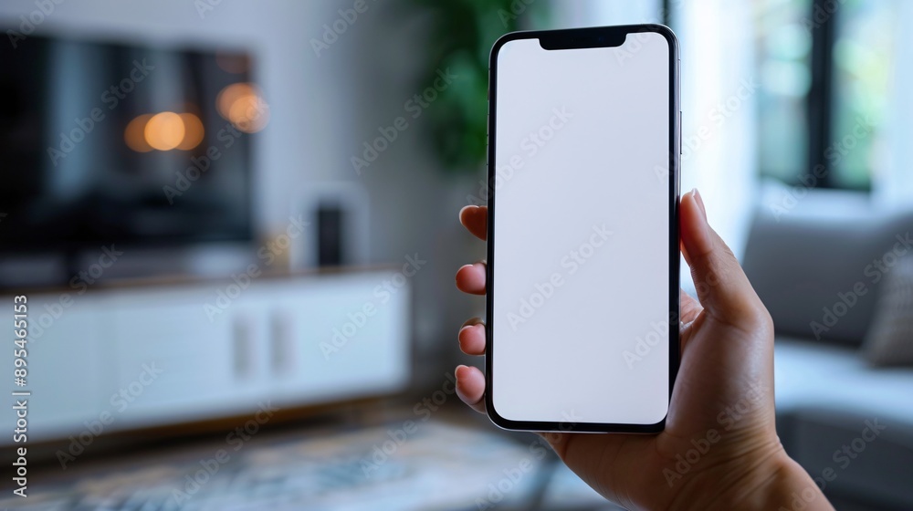 Poster POV image showing a hand holding a mobile phone with a blank white screen in a productivity tool interface environment Stock Photo with copy space