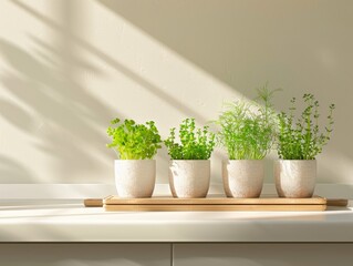 Fototapeta premium Bright Clean Kitchen with Modern Hydroponic System Growing Herbs and Microgreens Under LED Lights