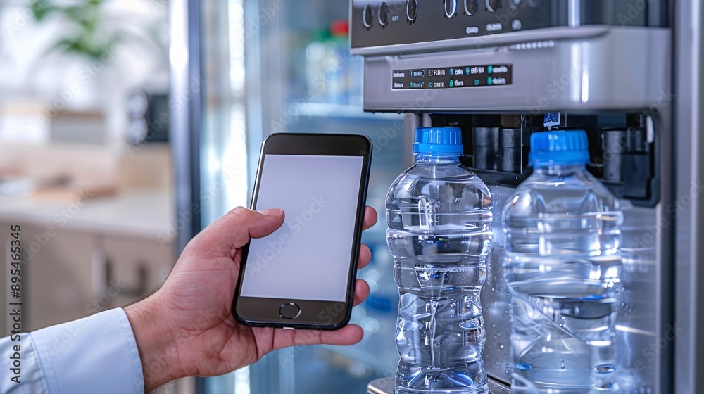 Poster realistic pov shot showing a hand holding a mobile phone with a blank white screen while using a wat