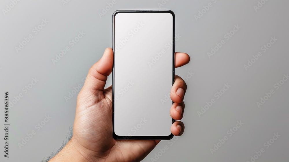 Poster Detailed POV capture showing a hand holding a mobile phone with a blank white screen open to a messaging app interface Stock Photo with copy space