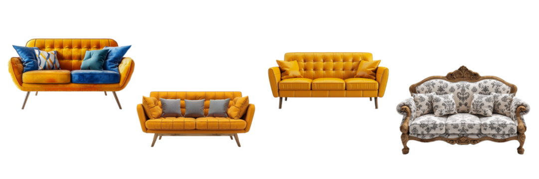 Collection of yellow sofa isolated on transparent background. Generated Ai - Powered by Adobe