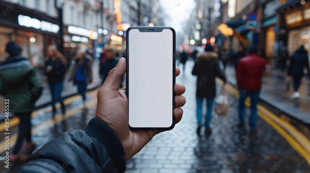 Poster Realistic POV shot of a hand holding a mobile phone with a blank white screen open to a mobile banking app interface Stock Photo with copy space