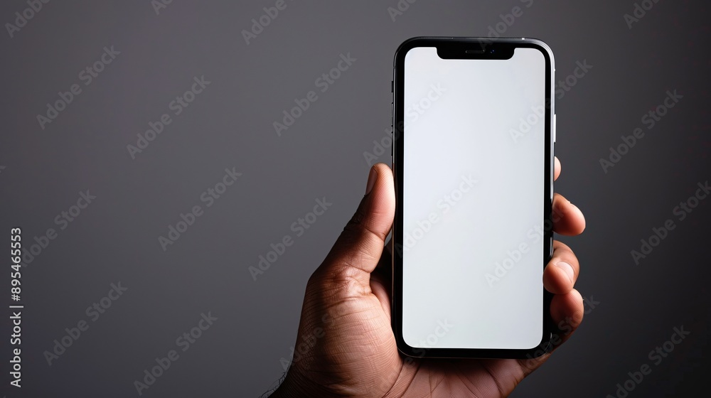 Aufkleber Realistic POV shot of a hand holding a mobile phone with a blank white screen open to a mobile banking app interface Stock Photo with copy space