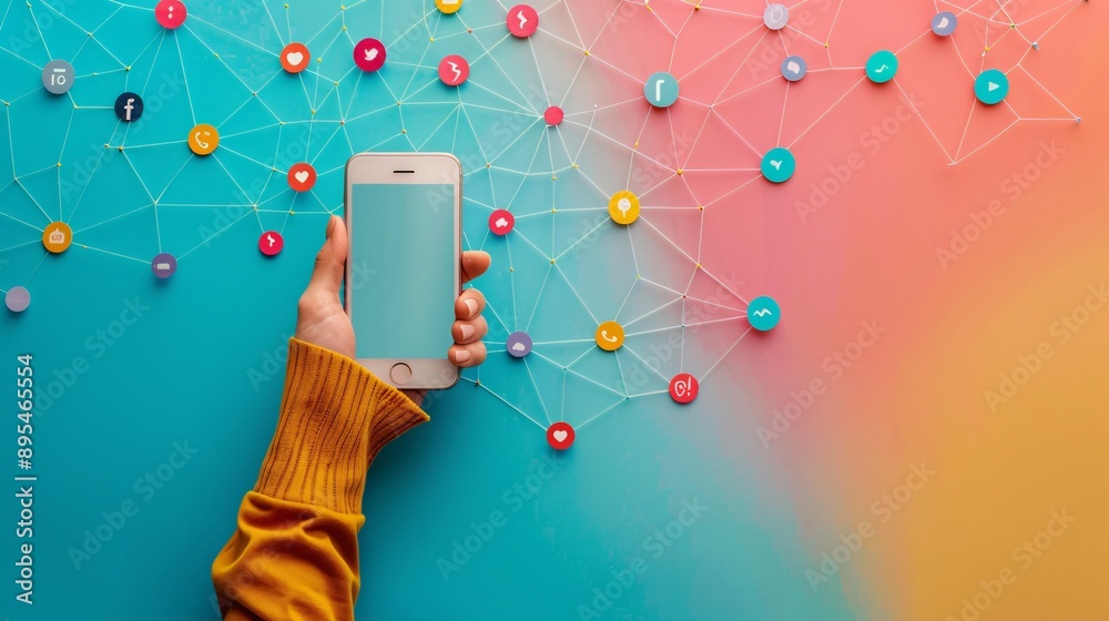 Aufkleber POV image showing a hand holding a mobile phone with a blank white screen open to a social media app interface Stock Photo with copy space