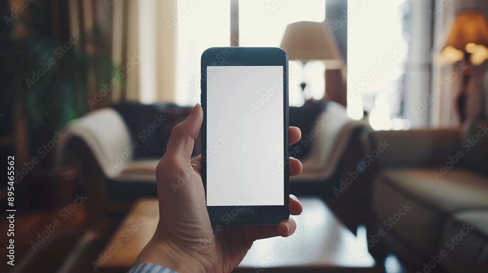 Aufkleber POV image showing a hand holding a mobile phone with a blank white screen displaying a health and fitness app interface Stock Photo with copy space
