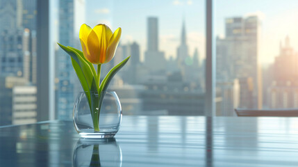 A vibrant yellow tulip in a glass vase, positioned on a modern office desk with a panoramic city view in the background, captured in UHD 8k quality as a masterpiece 