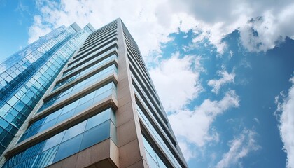 Obraz premium A low angle shot of towering skyscrapers reaching towards a vibrant blue sky, showcasing the grandeur of modern urban architecture.