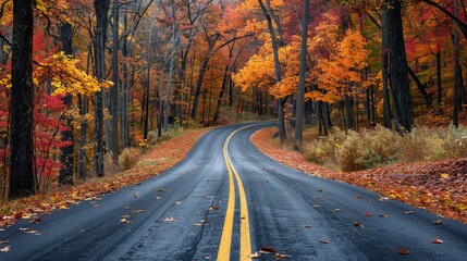 Scenic countryside road surrounded by autumn trees 