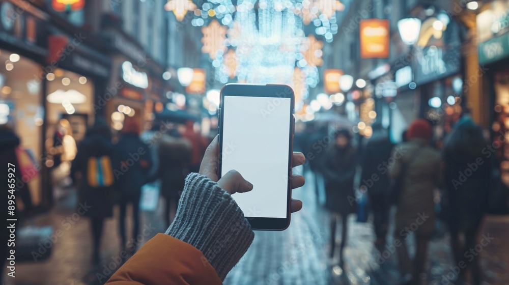 Poster Realistic POV shot showing a hand holding a mobile phone with a blank white screen in an online shopping app environment Stock Photo with copy space