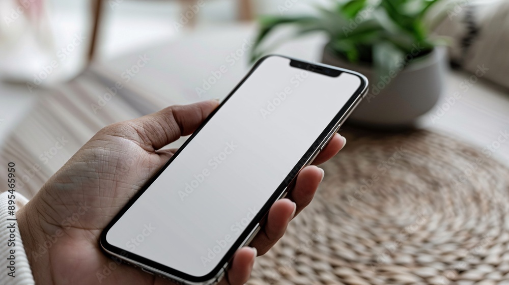 Poster POV image showing a hand holding a mobile phone with a blank white screen open to a mobile banking app interface Stock Photo with copy space