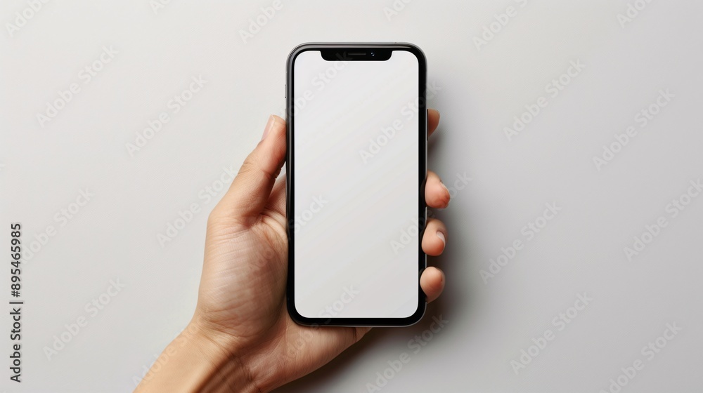 Poster POV image showing a hand holding a mobile phone with a blank white screen open to a mobile banking app interface Stock Photo with copy space