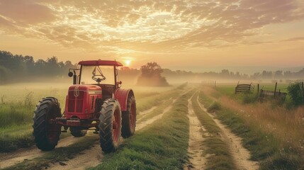 Fototapeta premium Old red tractor On the rural road of the village