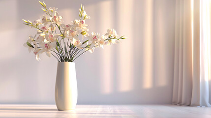 Elegant bouquet of orchids and irises in a tall, slender vase, displayed in a modern minimalist setting, rendered in UHD as a masterpiece  © AiiNa