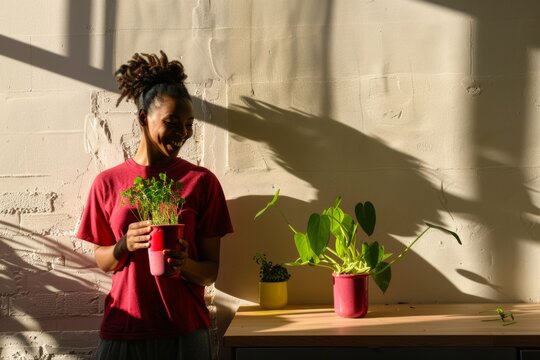 Healthy Black Woman Enjoys Microgreen Smoothie in Sunlit Kitchen Highlighting Nutritional Benefits - Morning Freshness & Well-Being