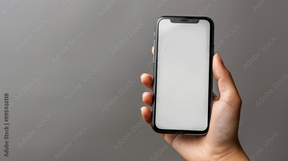 Poster POV image showing a hand holding a mobile phone with a blank white screen displaying a streaming app interface Stock Photo with copy space