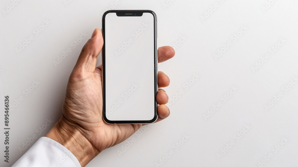 Poster POV image showing a hand holding a mobile phone with a blank white screen displaying a streaming app interface Stock Photo with copy space