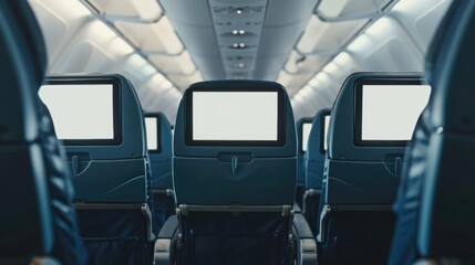 Airplane Seats Equipped with Blank LCD Screen Mockups for Passenger Use