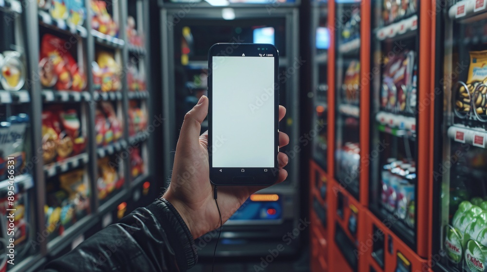 Poster Realistic POV capture of a hand holding a mobile phone with a blank white screen near the selection buttons of a vending machine Stock Photo with copy space