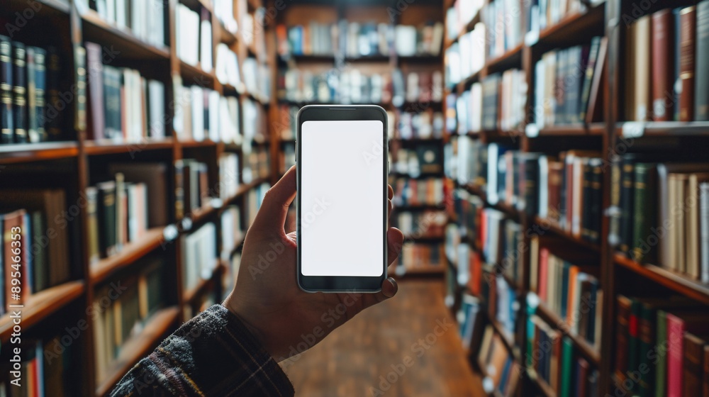 Poster pov image of a hand holding a mobile phone with a blank white screen among bookshelves in a tranquil