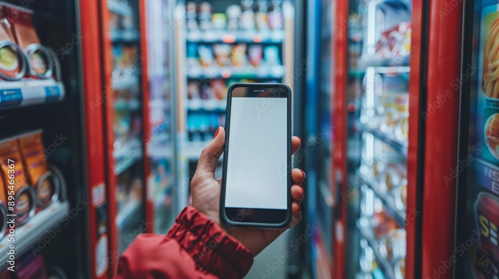 Leinwandbilder Realistic POV capture of a hand holding a mobile phone with a blank white screen near the selection buttons of a vending machine Stock Photo with copy space