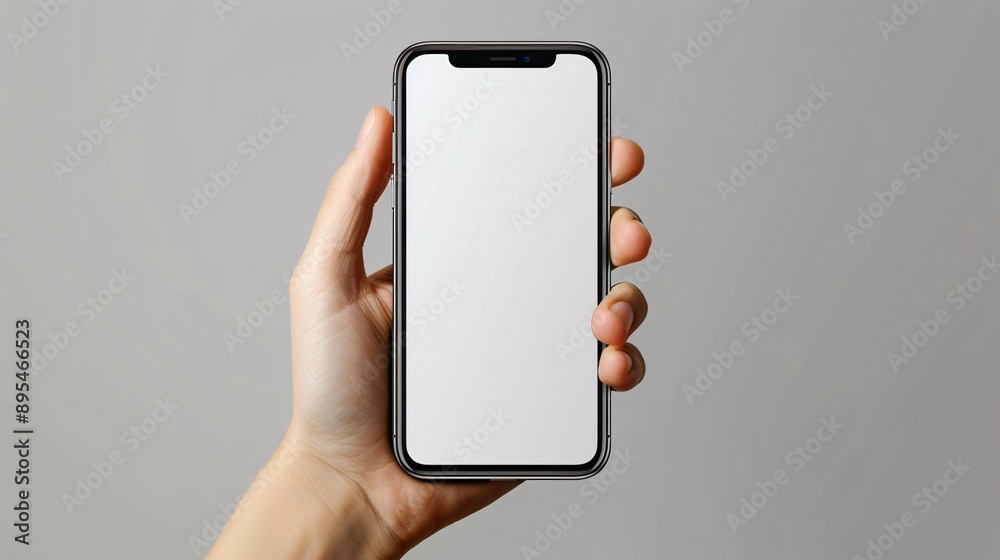 Aufkleber POV image showing a hand holding a mobile phone with a blank white screen in a productivity tool interface environment Stock Photo with copy space