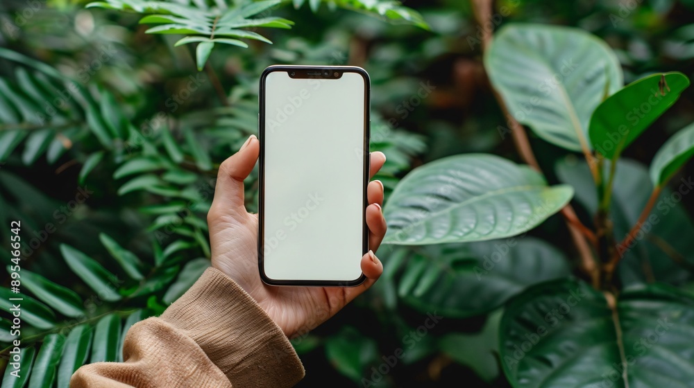 Poster Realistic POV capture of a hand holding a mobile phone with a blank white screen open to a news app interface Stock Photo with copy space