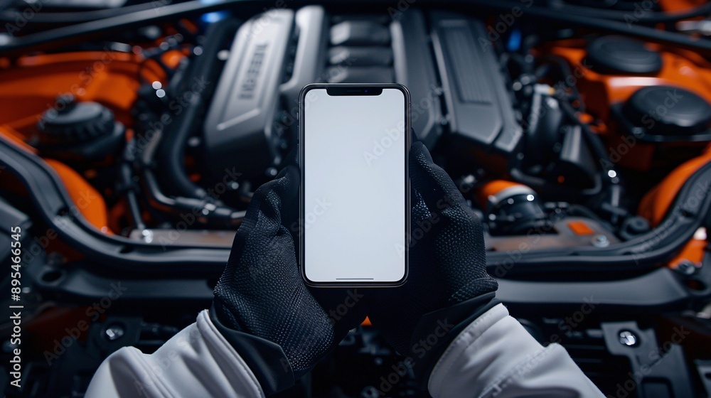 Poster detailed pov shot of a hand holding a mobile phone with a blank white screen in front of an engine c