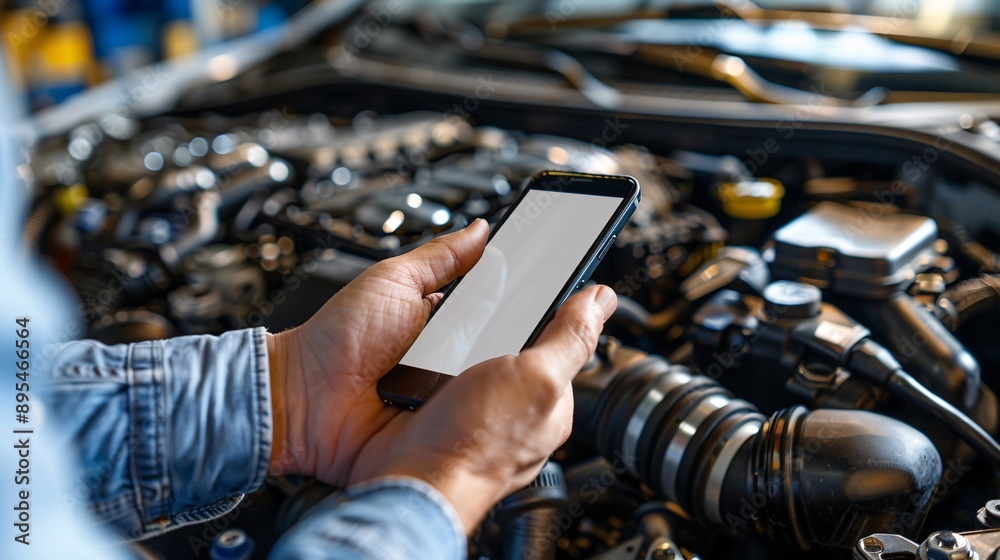 Poster detailed pov shot of a hand holding a mobile phone with a blank white screen in front of an engine c