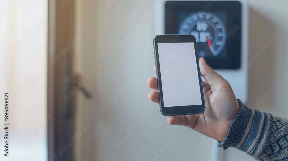 Poster pov capture showing a hand holding a mobile phone with a blank white screen near a smart home device