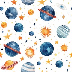 Watercolor solar systems seamless repeating pattern, minimal pattern, high contrasty