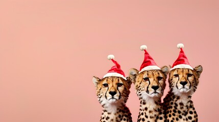 Cheetahs Dressed as Santa s Reindeer on Plain Background