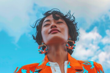 Confident Young Gender-Fluid East Asian Individual in Androgynous Fashion Posing in Urban Setting with Natural Lighting