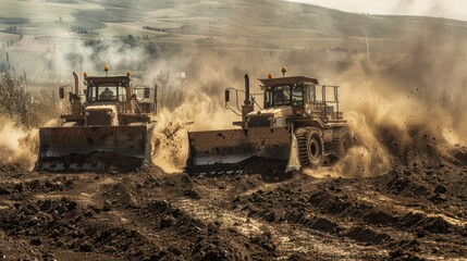 Fototapeta premium Two heavy excavators, a hydraulic loader, a backhoe.