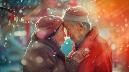 Two senior old Asian people in love, elderly man and woman hug and kiss