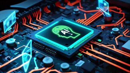 Close-up of a computer circuit board with a glowing green chip in the center that has a silhouette of a head with the letters "AI" inside. There are other glowing blue chips scattered around it.
