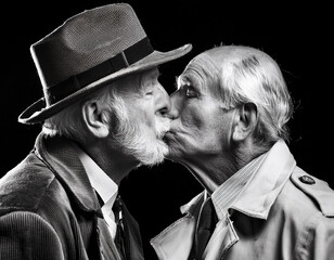 Two Gay Men in Love Kissing, Classic Portrait in Fedora and Trench Coat, Timeless Elegance