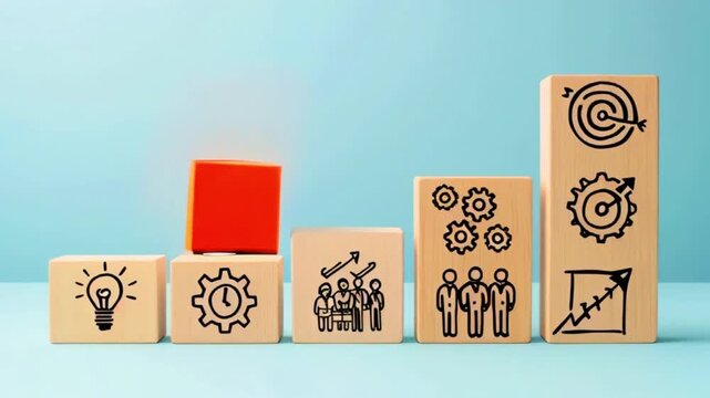 Wooden blocks in a row, each with a different symbol drawn on it, representing stages of a business plan. The first block is red.