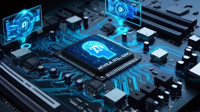 The video shows a computer circuit board with a blue glowing chip in the center, depicting a brain with the words "AI" on it. Two smaller blue glowing screens are floating above the circuit board