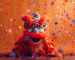 Lunar new year festival  lion dance, confetti, chinese dragon character celebration