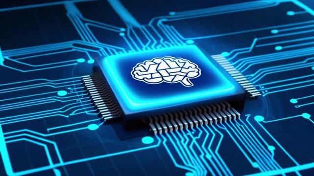 A computer chip with a brain icon on it, surrounded by glowing circuit board lines.