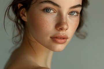 Close-up portrait of a woman with freckles and bare shoulders