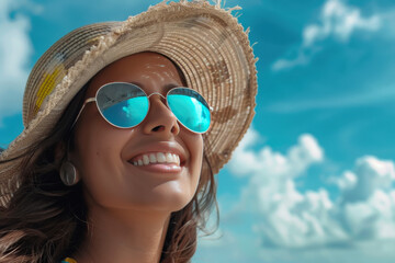 Naklejka premium woman in hat and sunglasses at sea side