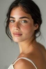 Classic portrait of a woman with freckles and bare shoulders